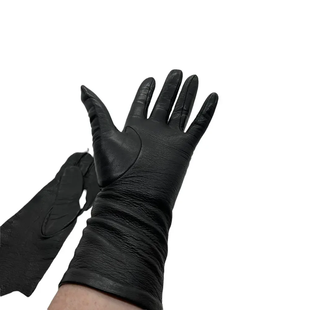 Black Leather Gloves Made in Italy Silk Lined Vintage 1960s Women's Size 7